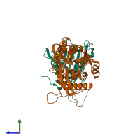 PDB entry 3nmt coloured by chain, side view.
