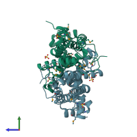 PDB entry 3npi coloured by chain, side view.