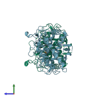 PDB entry 3npy coloured by chain, side view.