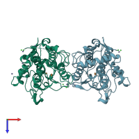 PDB entry 3npy coloured by chain, top view.