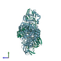 PDB entry 3nqb coloured by chain, side view.