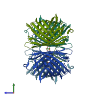 PDB entry 3nt3 coloured by chain, side view.