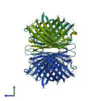PDB entry 3nt9 coloured by chain, side view.
