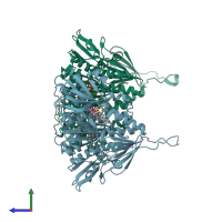 PDB entry 3ntd coloured by chain, side view.