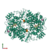Homo dimeric assembly 1 of PDB entry 3ntg coloured by chemically distinct molecules, front view.