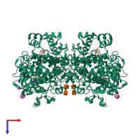 Homo dimeric assembly 1 of PDB entry 3ntg coloured by chemically distinct molecules, top view.