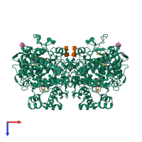 Homo dimeric assembly 2 of PDB entry 3ntg coloured by chemically distinct molecules, top view.