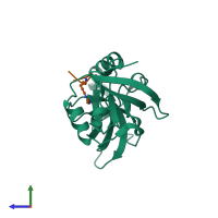 PDB entry 3nth coloured by chain, side view.