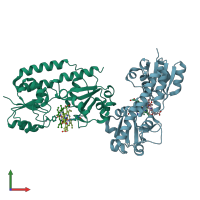 PDB entry 3nu1 coloured by chain, front view.