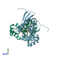 PDB entry 3nvu coloured by chain, side view.