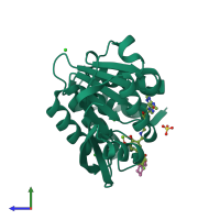 Monomeric assembly 1 of PDB entry 3nwb coloured by chemically distinct molecules, side view.