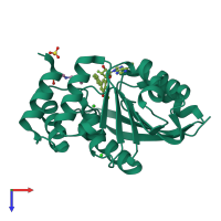 Monomeric assembly 1 of PDB entry 3nwb coloured by chemically distinct molecules, top view.