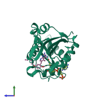 PDB entry 3nz9 coloured by chain, side view.