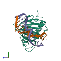 Hetero trimeric assembly 1 of PDB entry 3o1p coloured by chemically distinct molecules, side view.