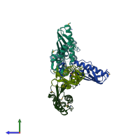 PDB entry 3o6u coloured by chain, side view.