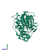 Monomeric assembly 1 of PDB entry 3o8u coloured by chemically distinct molecules, side view.