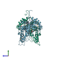 PDB entry 3obe coloured by chain, side view.