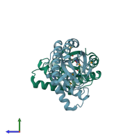 PDB entry 3obf coloured by chain, side view.