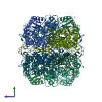 PDB entry 3obk coloured by chain, side view.