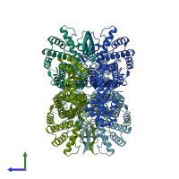 PDB entry 3ocf coloured by chain, side view.