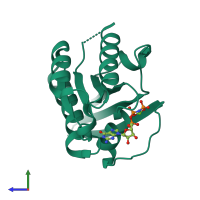 Monomeric assembly 1 of PDB entry 3oes coloured by chemically distinct molecules, side view.