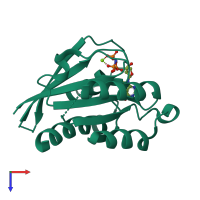 Monomeric assembly 1 of PDB entry 3oes coloured by chemically distinct molecules, top view.