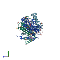 PDB entry 3of4 coloured by chain, side view.