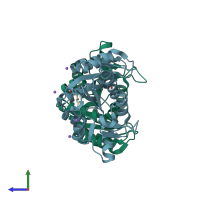 PDB entry 3of5 coloured by chain, side view.