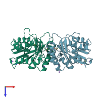 PDB entry 3of5 coloured by chain, top view.