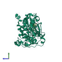 Monomeric assembly 1 of PDB entry 3ofm coloured by chemically distinct molecules, side view.