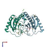 PDB entry 3ohe coloured by chain, top view.