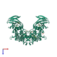 Homo dimeric assembly 1 of PDB entry 3oht coloured by chemically distinct molecules, top view.