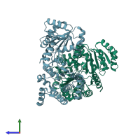 PDB entry 3oiy coloured by chain, side view.