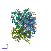 PDB entry 3ojc coloured by chain, side view.