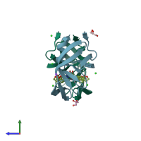 PDB entry 3ok9 coloured by chain, side view.