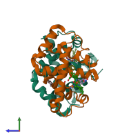 PDB entry 3onz coloured by chain, side view.