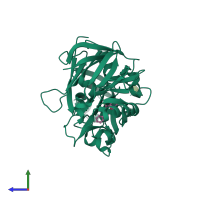 Monomeric assembly 1 of PDB entry 3oot coloured by chemically distinct molecules, side view.