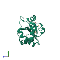 PDB entry 3or5 coloured by chain, side view.
