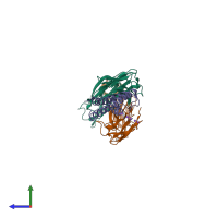 PDB entry 3or7 coloured by chain, side view.