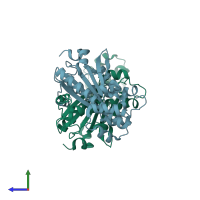 PDB entry 3ote coloured by chain, side view.