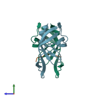 PDB entry 3ots coloured by chain, side view.