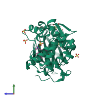 PDB entry 3otu coloured by chain, side view.