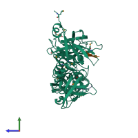 PDB entry 3ou0 coloured by chain, side view.