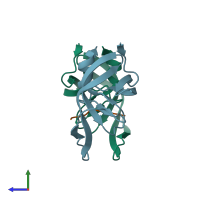 PDB entry 3ou3 coloured by chain, side view.