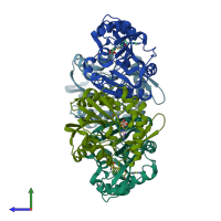 PDB entry 3ou6 coloured by chain, side view.