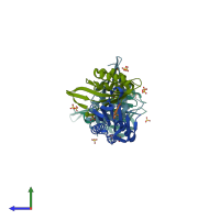 PDB entry 3ov4 coloured by chain, side view.