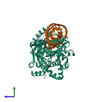 PDB entry 3ova coloured by chain, side view.