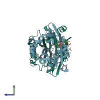 PDB entry 3owc coloured by chain, side view.
