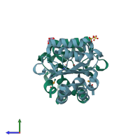 PDB entry 3oxp coloured by chain, side view.