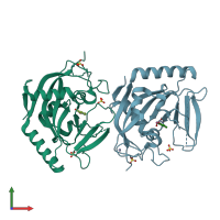 PDB entry 3p0n coloured by chain, front view.